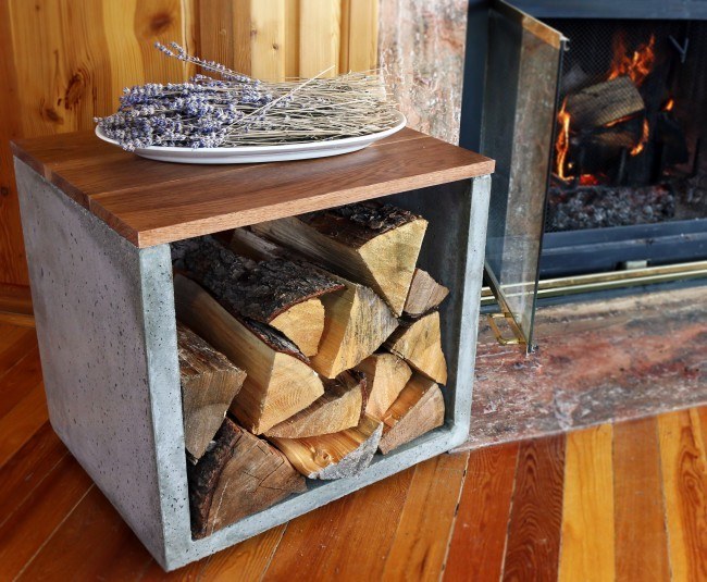 concrete, woodworking, firewood, firewood holder, log holder, concrete log holder, modern concrete, interior design, fireplace